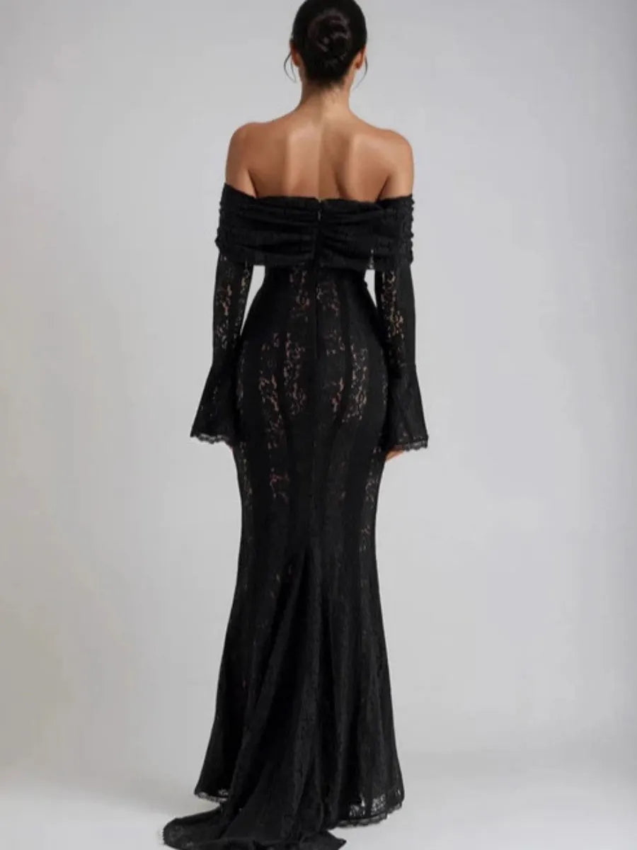 Lace Hollow Off Shoulder Flared Sleeves Hip-hugging Maxi Dresses
