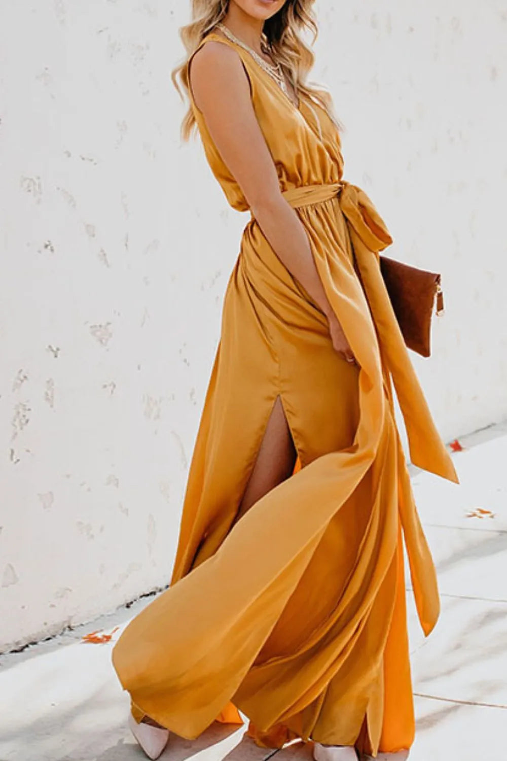 Maxi Dress Surplice Neck Tie Waist Elegant Side Slit Summer