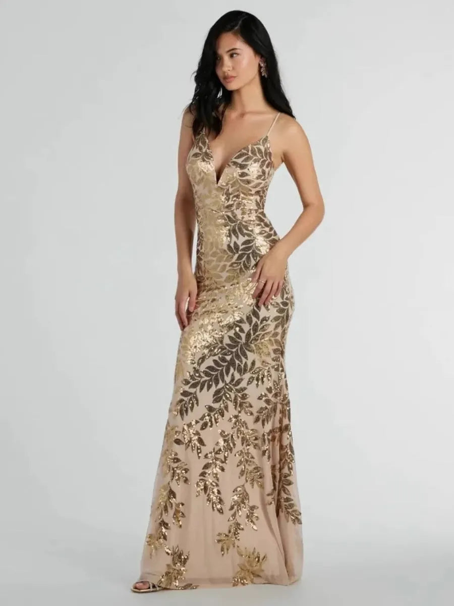 Backless Sequins Gold Parties Maxi Dresses