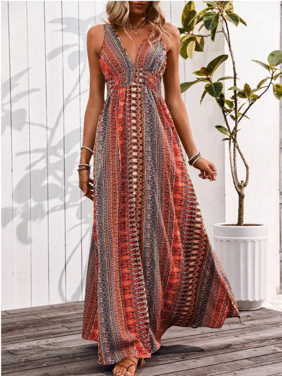 Deep V Sleeveless Backless Beach Smock Vacation And Leisure Maxi Dresses