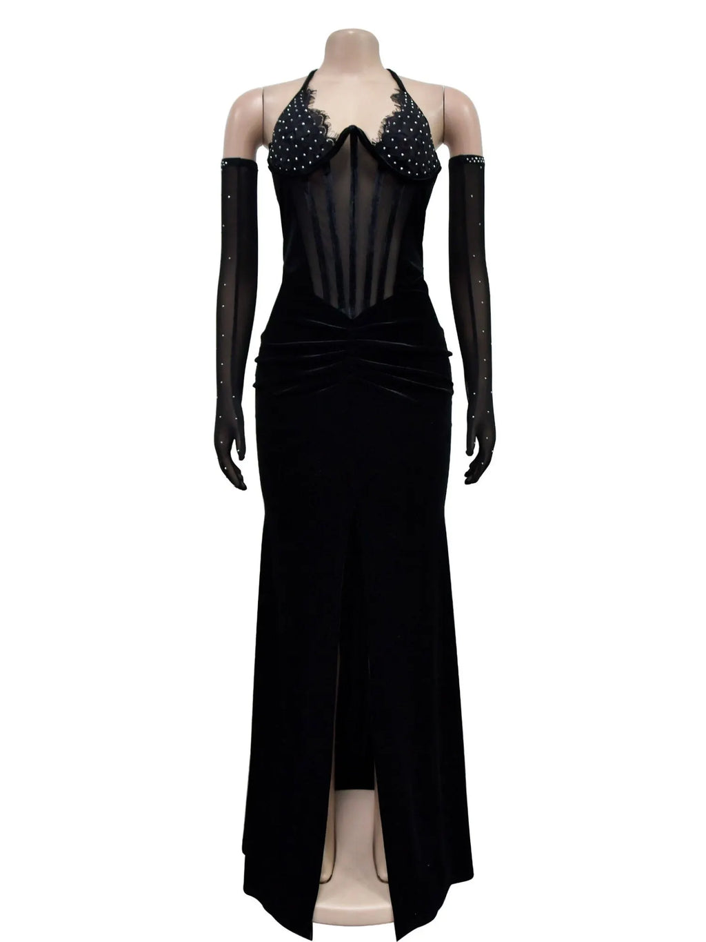 Lace And Velvet Patchwork Rhinestone-studded Evening Gown Mesh See-through Halter Neck Slit Maxi Dresses