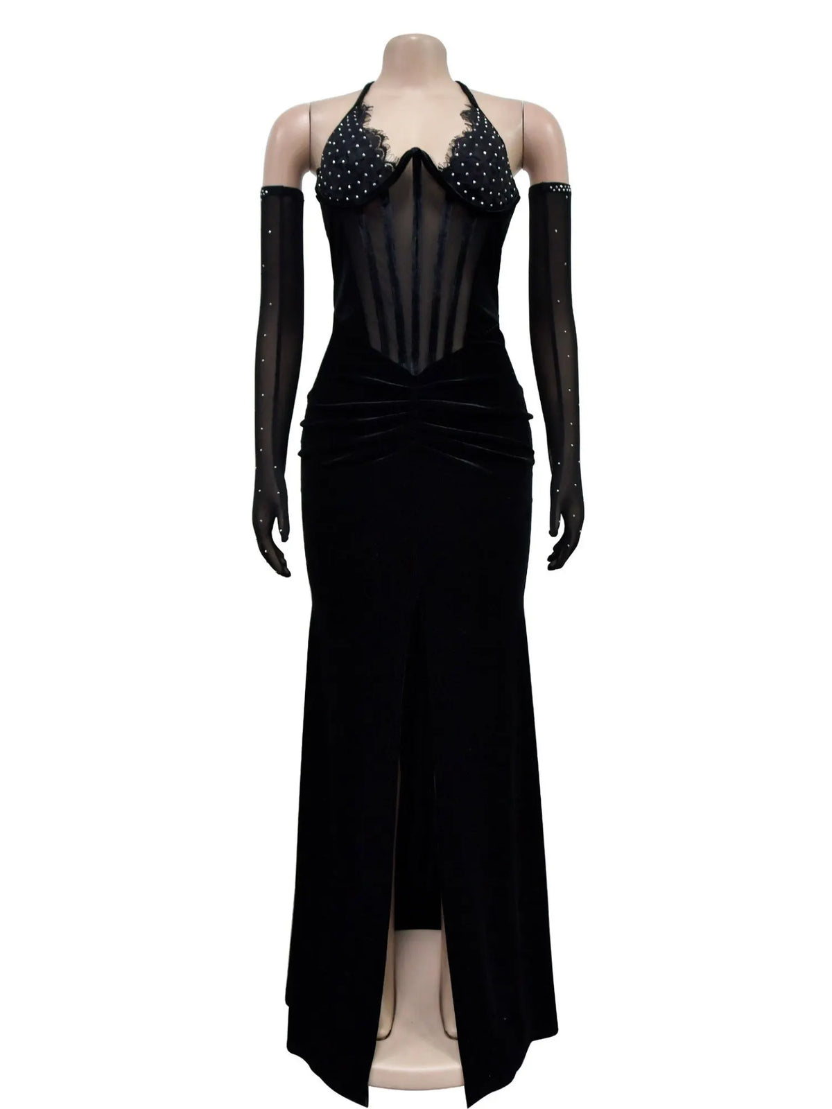 Lace And Velvet Patchwork Rhinestone-studded Evening Gown Mesh See-through Halter Neck Slit Maxi Dresses