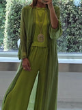 Women's Lightweight Three-Piece Set with Wide-Leg Trousers and Long Cardigan